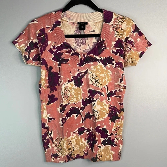 ANN TAYLOR Factory Floral Sweater Mauve Purple Tan Short Sleeve Scoop Neck M - Picture 9 of 9